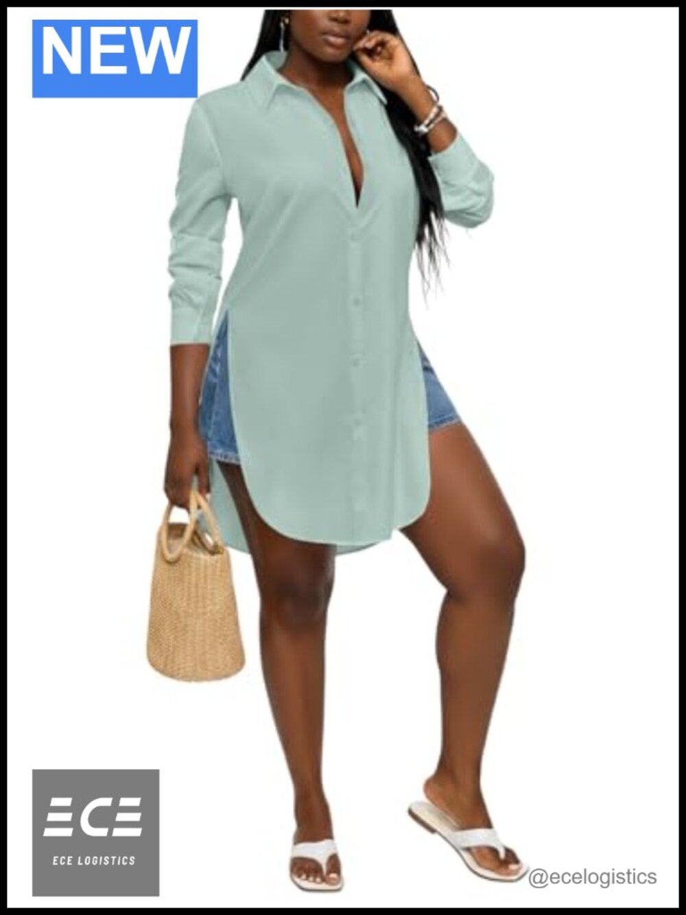 Women's Long Sleeve Button Down Tunic Blouse V-Neck Side Slit Longline Shirt